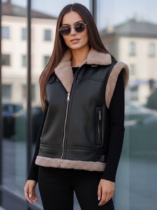 Дамски черен кожен елек OZONEE JS/61M8503/392Z