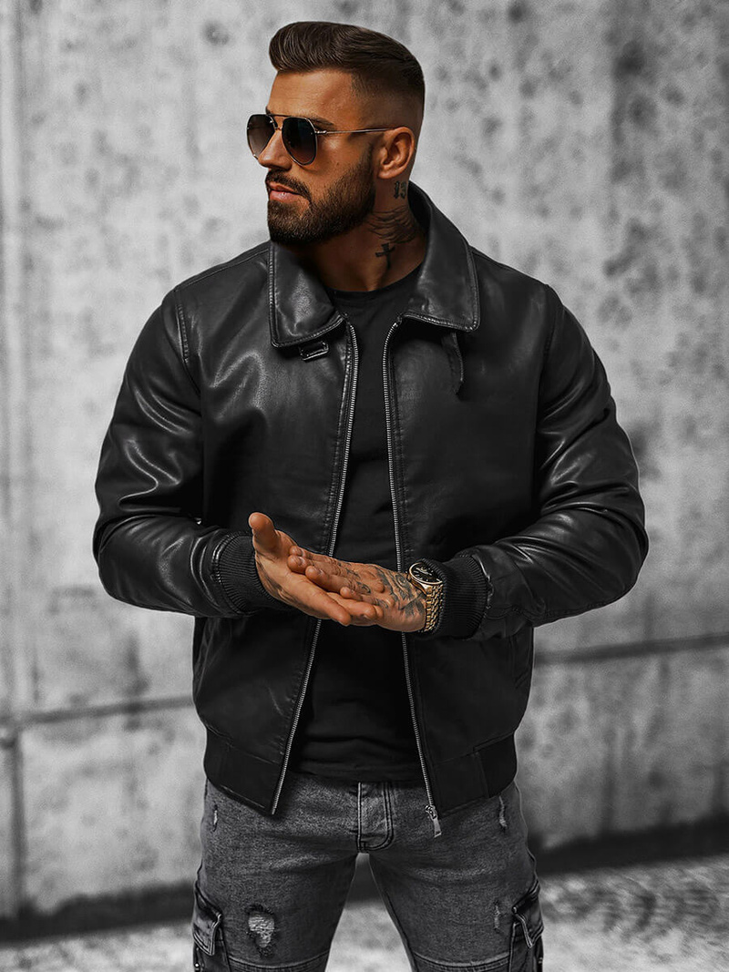 Мъжко кожено яке черно OZONEE JB/JP1178Z