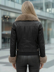 Дамско кожено яке черно-бежова OZONEE JS/61M8513/392B