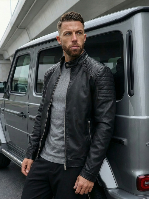 Мъжко кожено яке черно OZONEE JS/11Z8139