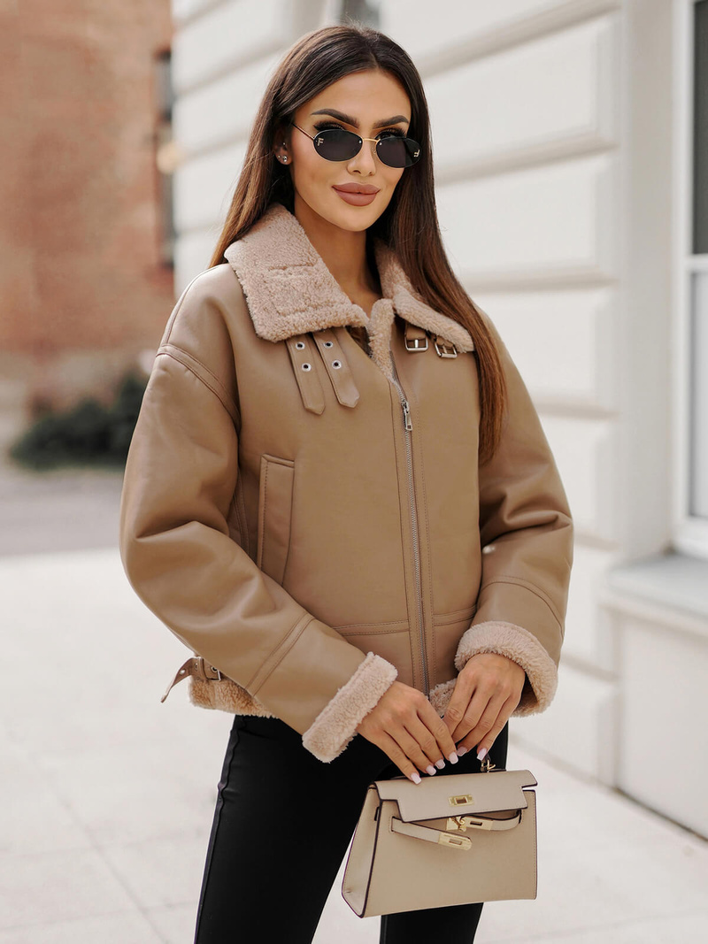 Дамско кожено яке бежова OZONEE JS/11Z8176