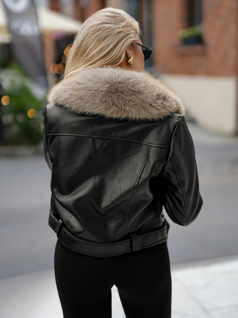 Дамско кожено яке черно-бежова OZONEE JS/61M8511/392B