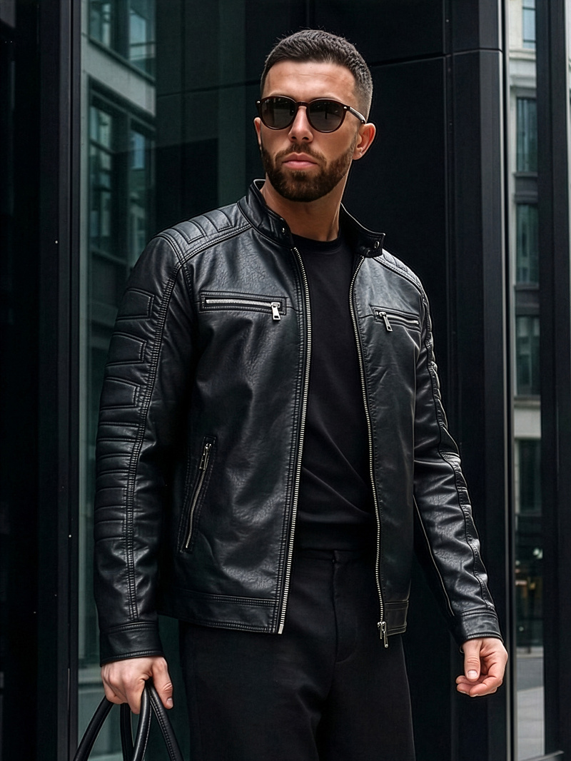 Мъжко кожено яке черно OZONEE JS/11Z8138