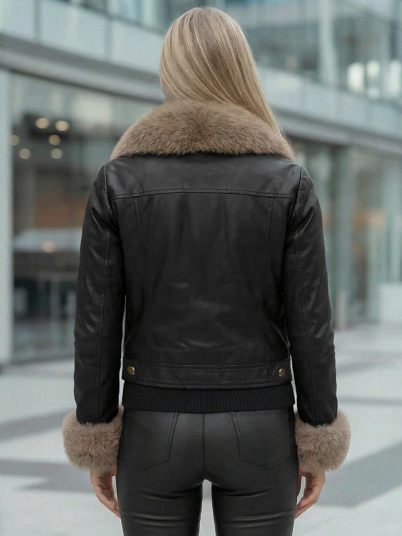 Дамско кожено яке черно-бежова OZONEE JS/61M8513/392B