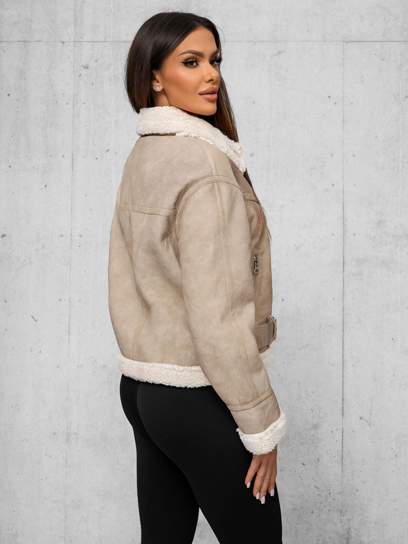 Дамско кожено яке бежова OZONEE O/81331Z