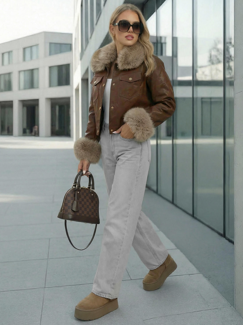 Дамско кожено яке шоколад OZONEE JS/61M8513/158