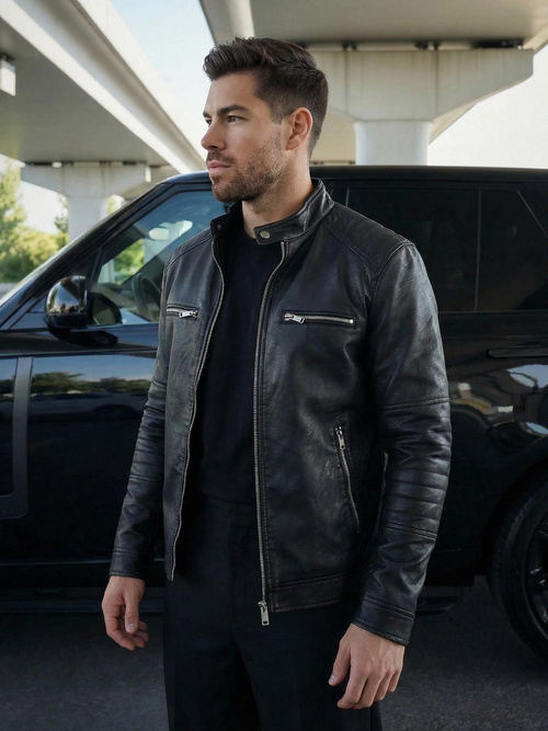 Мъжко кожено яке черно OZONEE JS/11Z8066