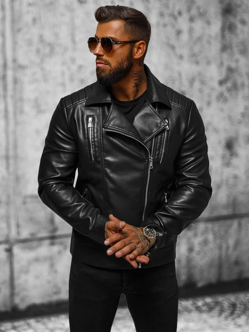 Мъжко кожено яке черно OZONEE JS/11Z8056