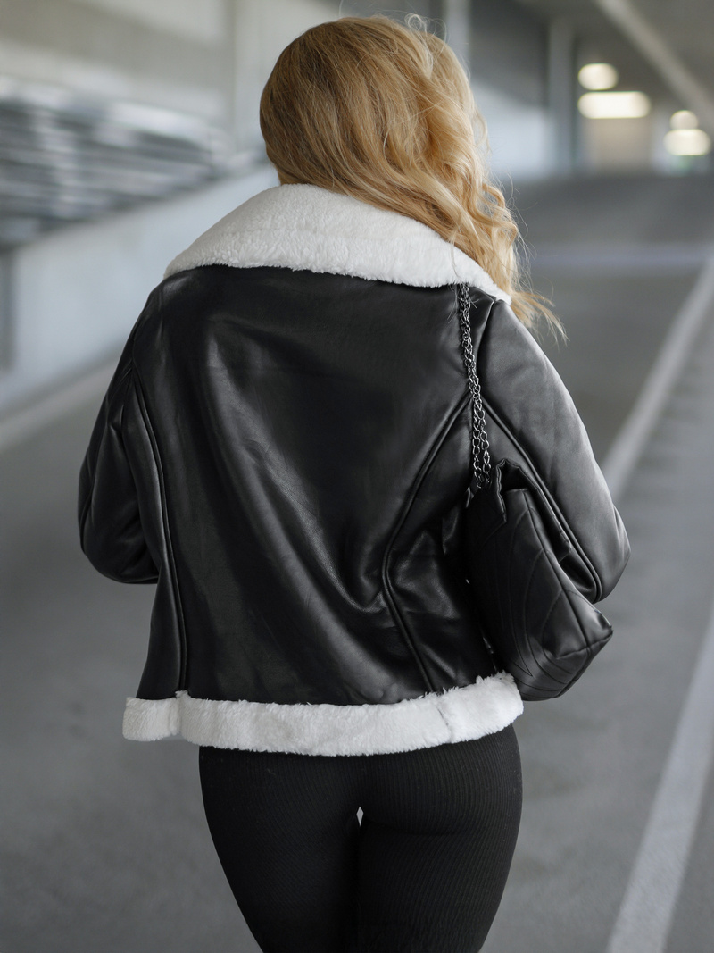 Дамско кожено яке черно-бяла OZONEE JS/11Z8177Z