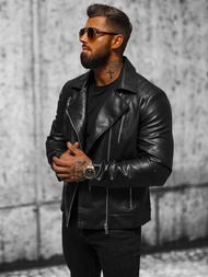 Мъжко кожено яке черно OZONEE JS/11Z8056