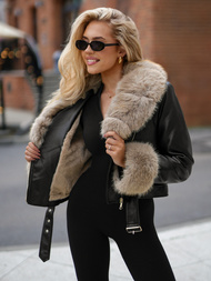 Дамско кожено яке черно-бежова OZONEE JS/61M8511/392B