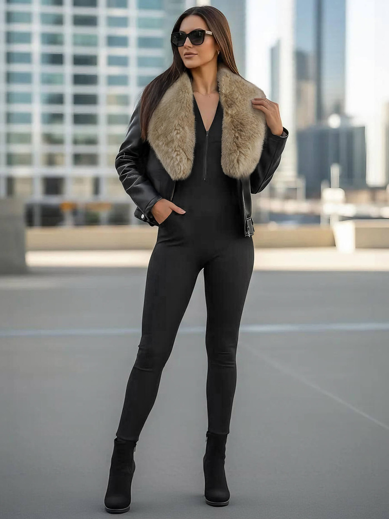 Дамско кожено яке черно-бежова OZONEE JS/61M8508/392BZ