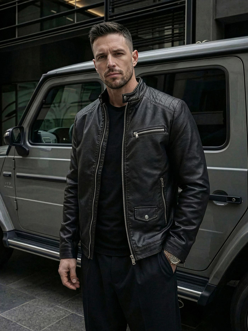 Мъжко кожено яке черно OZONEE JS/11Z8021