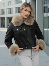 Дамско кожено яке черно-бежова OZONEE JS/61M8513/392B