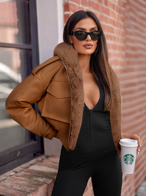 Дамско кожено яке кафява OZONEE O/G125