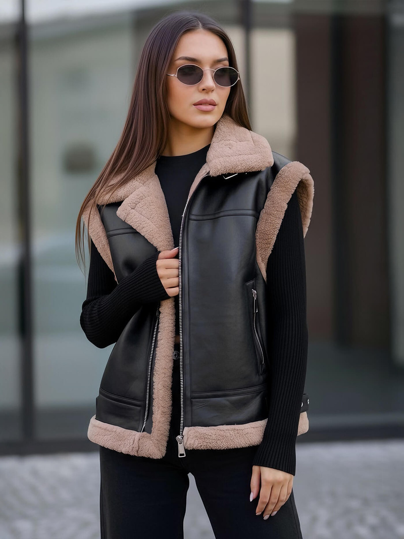 Дамски черен кожен елек OZONEE JS/61M8503/392Z