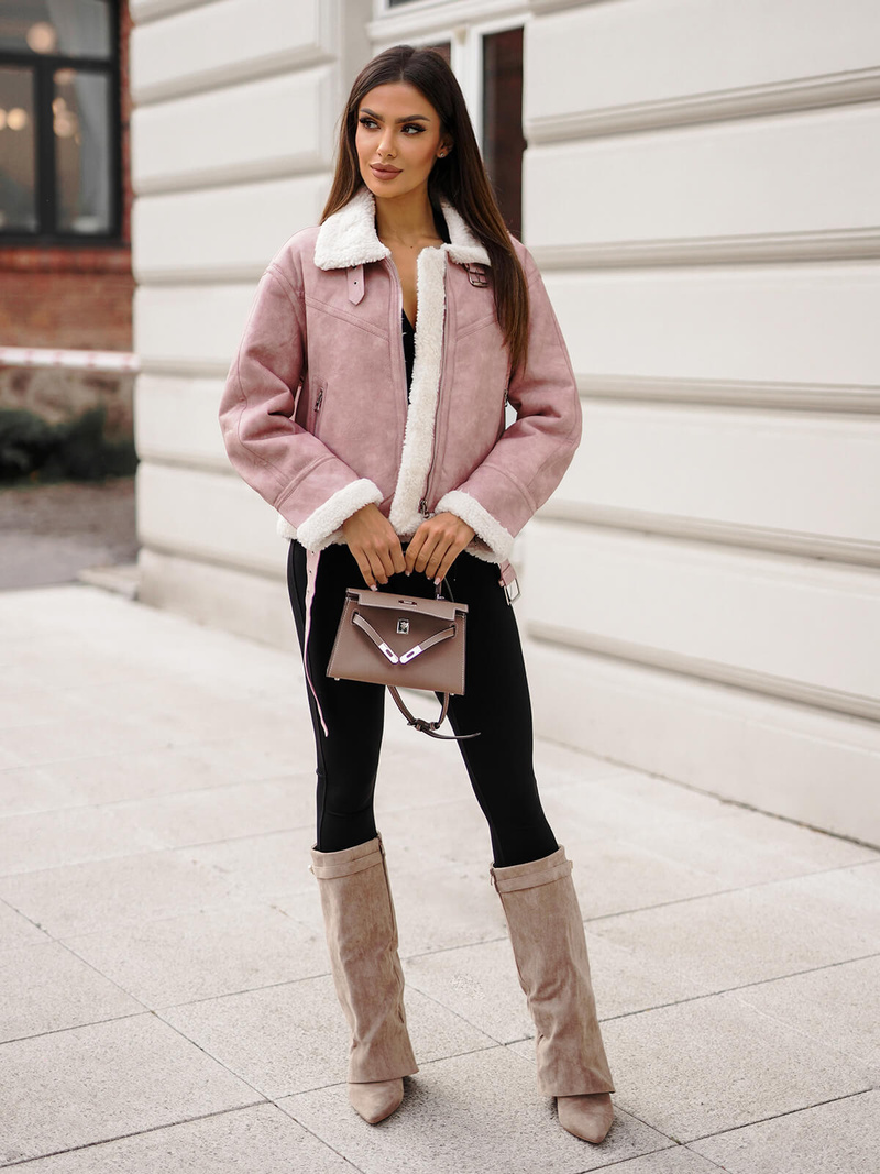 Дамско кожено яке прахово розово OZONEE O/81331