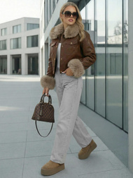 Дамско кожено яке шоколад OZONEE JS/61M8513/158