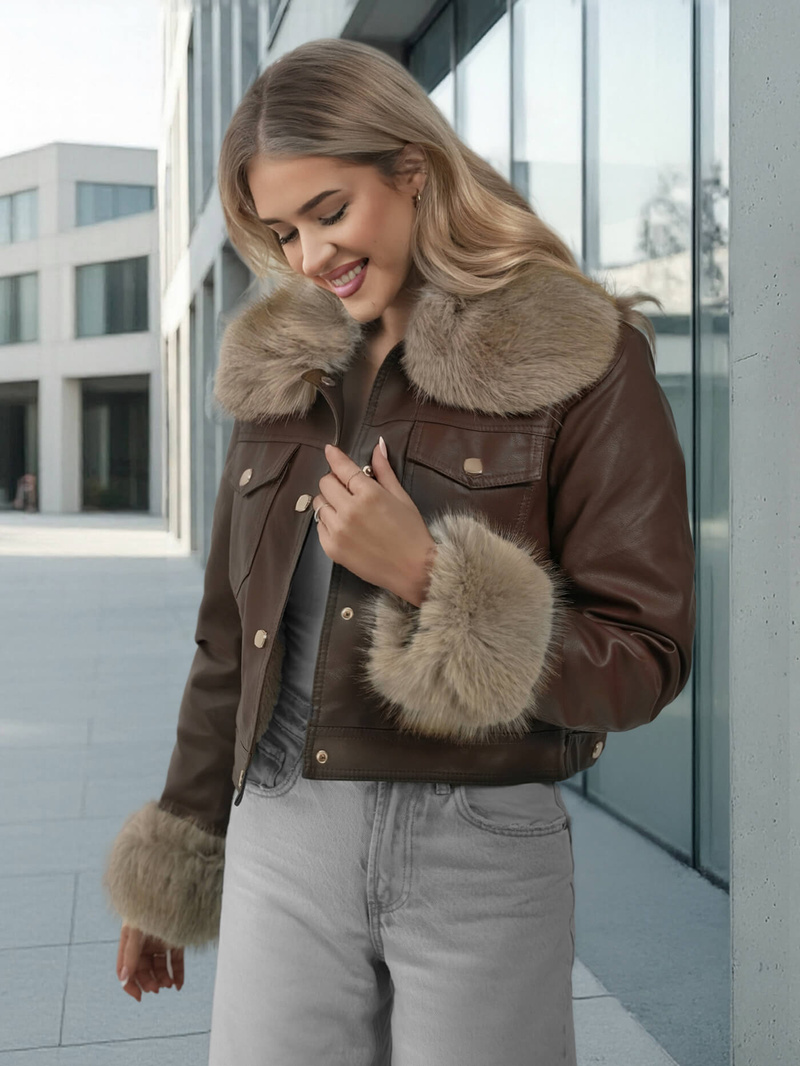 Дамско кожено яке шоколад OZONEE JS/61M8513/158