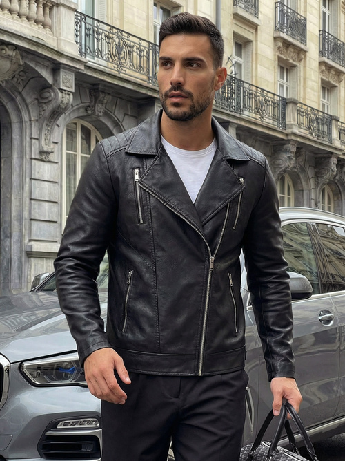 Мъжко кожено яке черно OZONEE JS/11Z8067Z