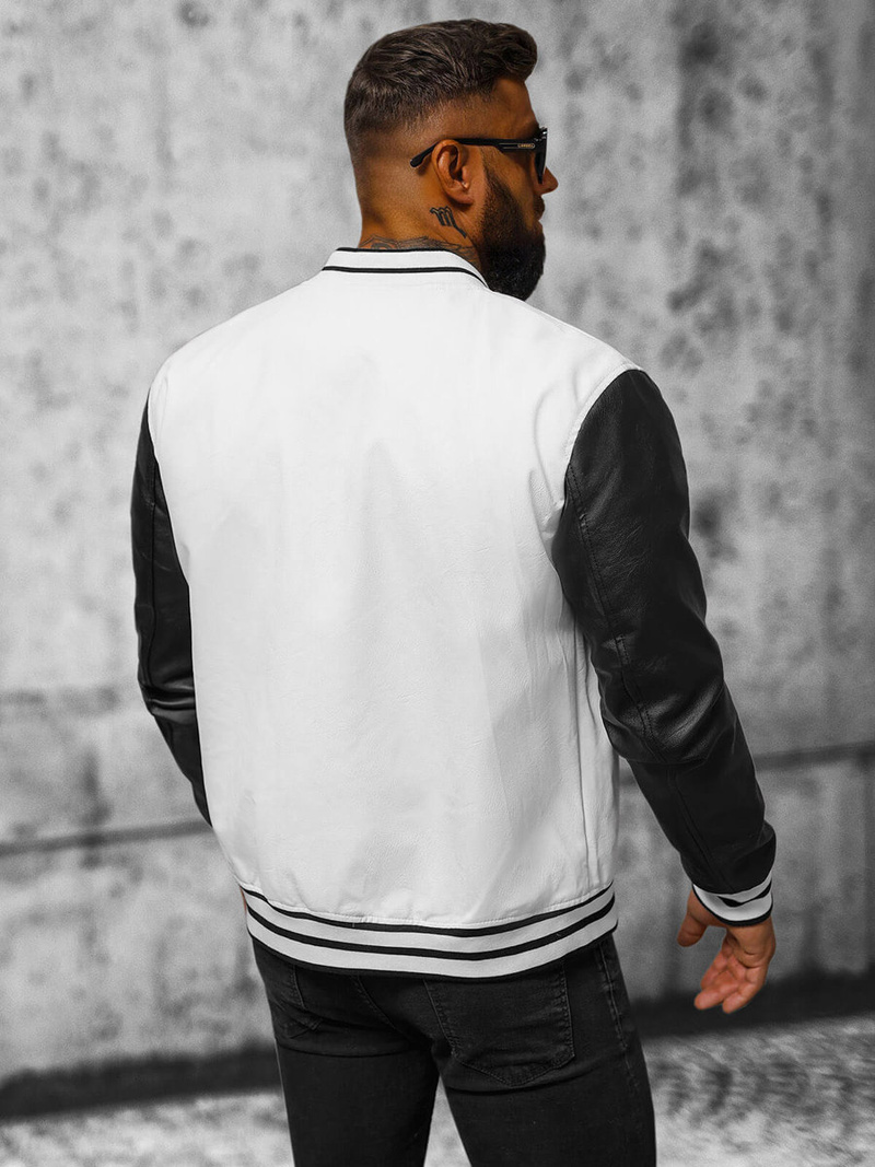 Мъжко кожено яке бяло-черна OZONEE JS/11Z8068