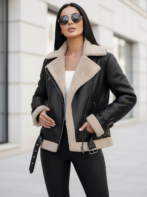 Дамско кожено яке черно-бежова OZONEE JS/11Z8177Z