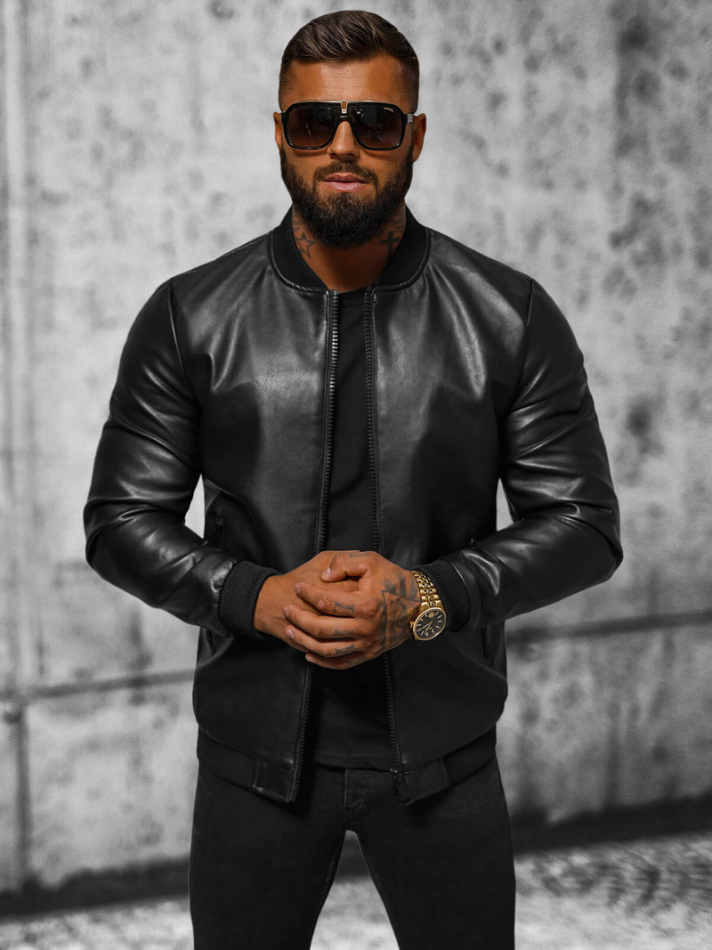 Мъжко кожено яке черно OZONEE JS/11Z8105