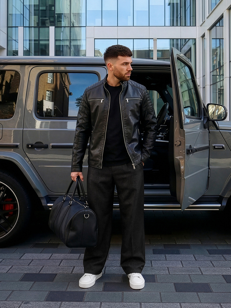 Мъжко кожено яке черно OZONEE JS/11Z8137