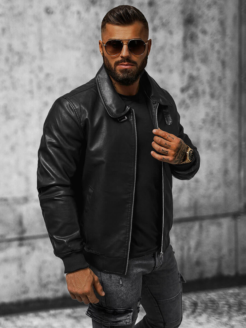 Мъжко кожено яке черно OZONEE JB/JP1178Z