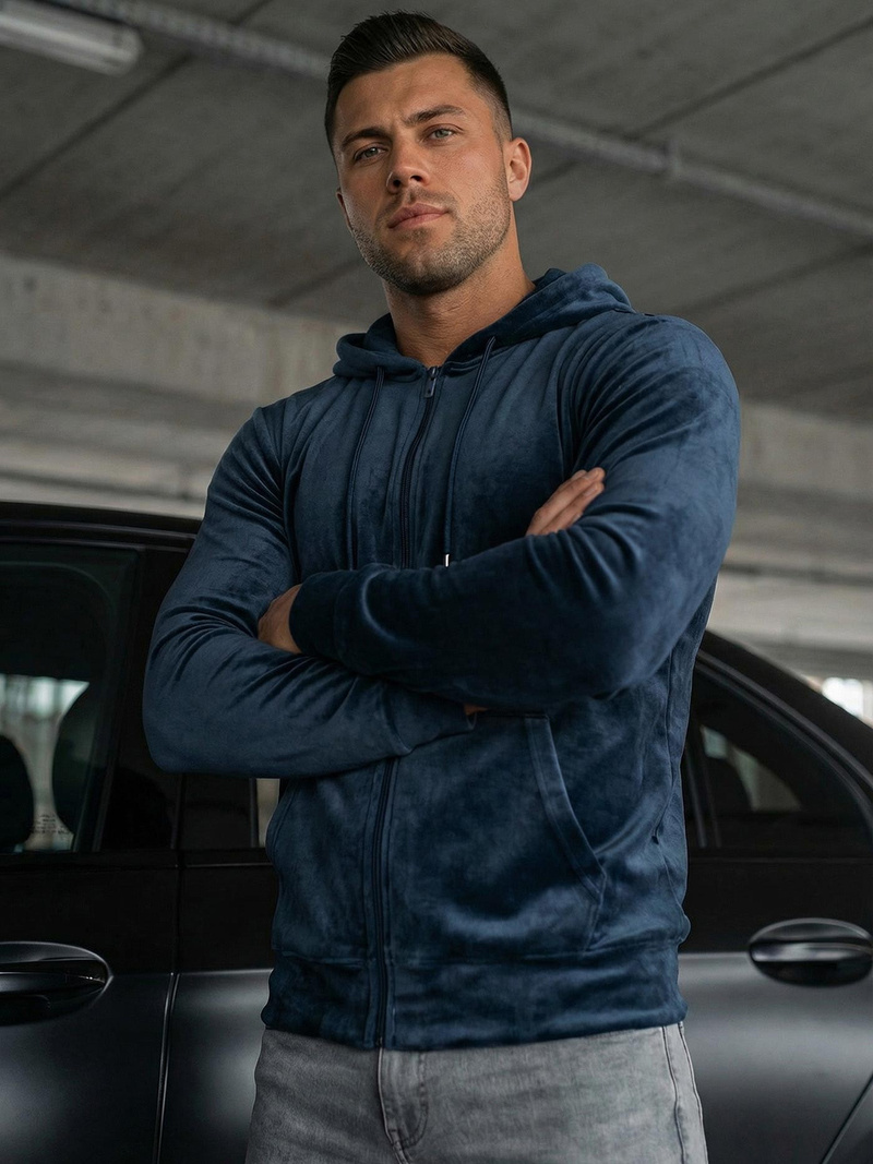 Мъжки велурен суитшърт тъмнсиня OZONEE JS/8B1168/25Z