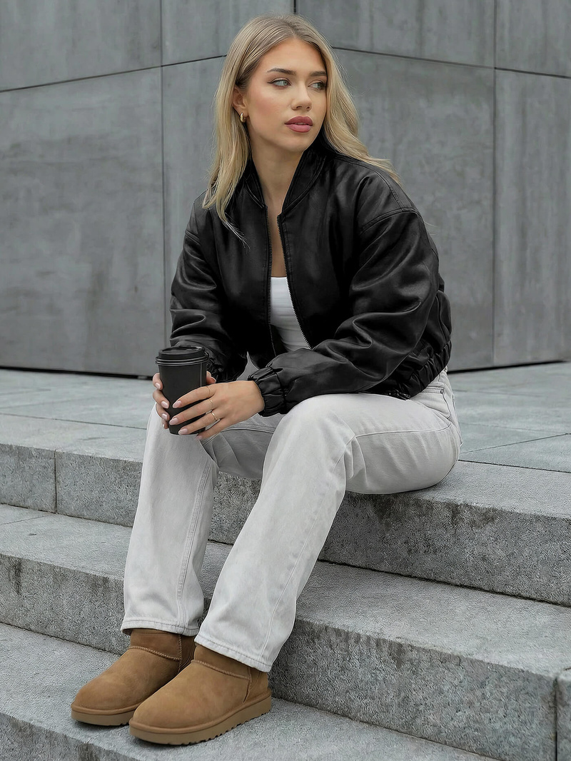 Дамско кожено яке черна OZONEE JS/11Z8281Z