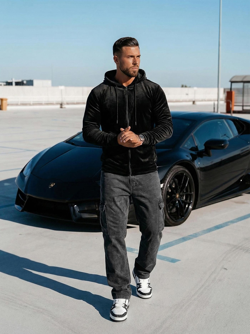 Мъжки велурен суитшърт с качулка черен OZONEE JS/8B1168/3Z