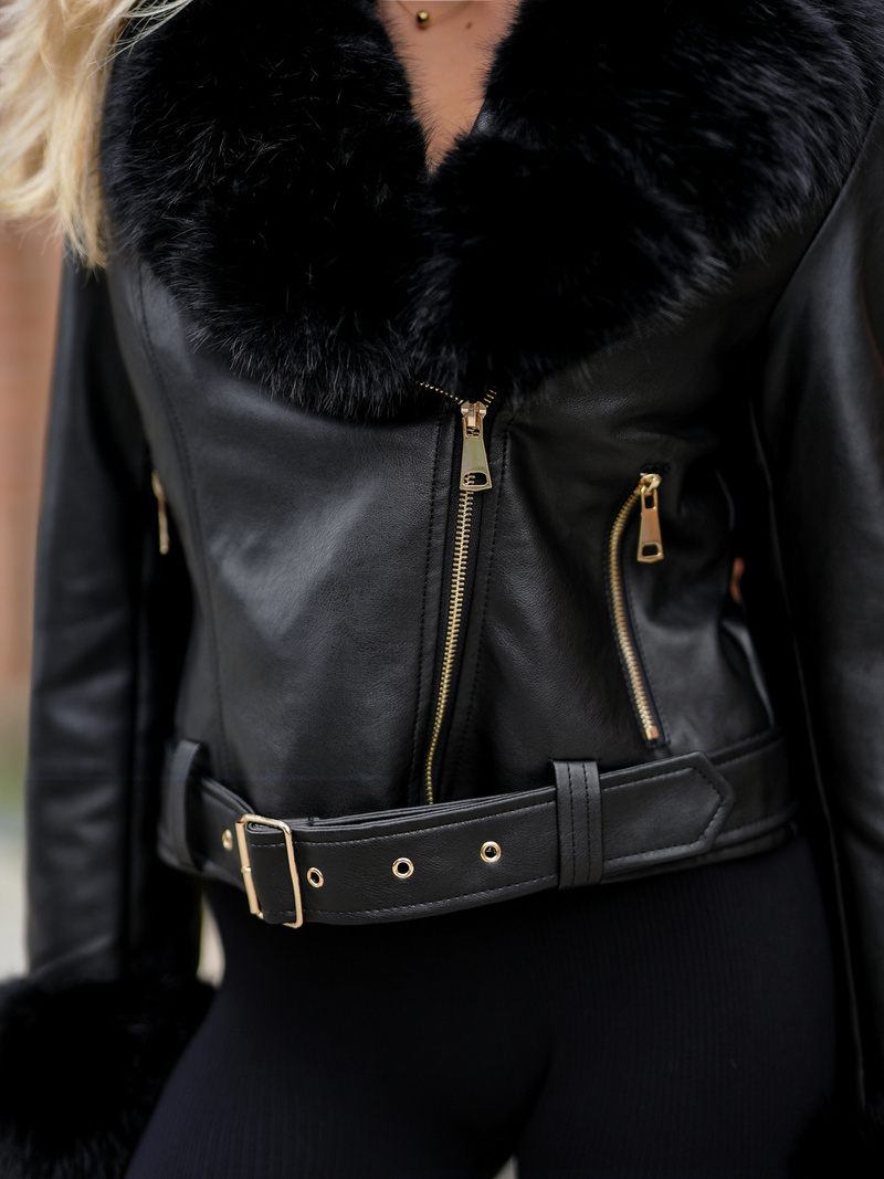 Дамско кожено яке черно OZONEE JS/61M8511/392A