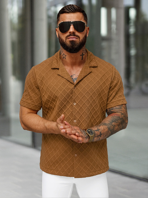 Мъжка риза с къс ръкав кафява OZONEE O/B2257