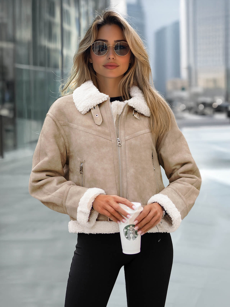 Дамско кожено яке бежова OZONEE O/81331Z