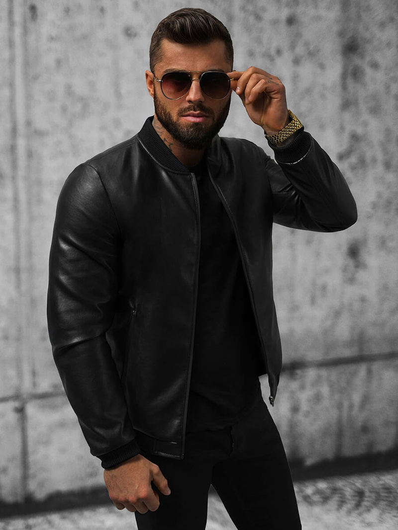 Мъжко кожено яке черно OZONEE JS/11Z8015