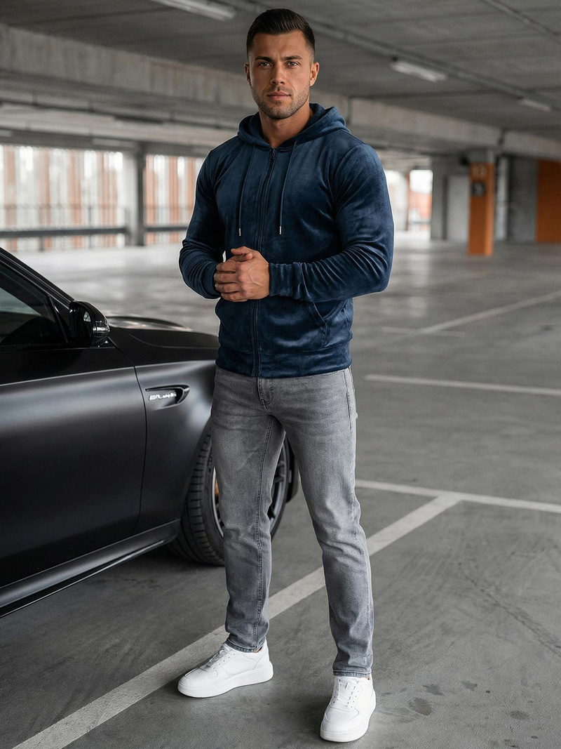 Мъжки велурен суитшърт тъмнсиня OZONEE JS/8B1168/25Z