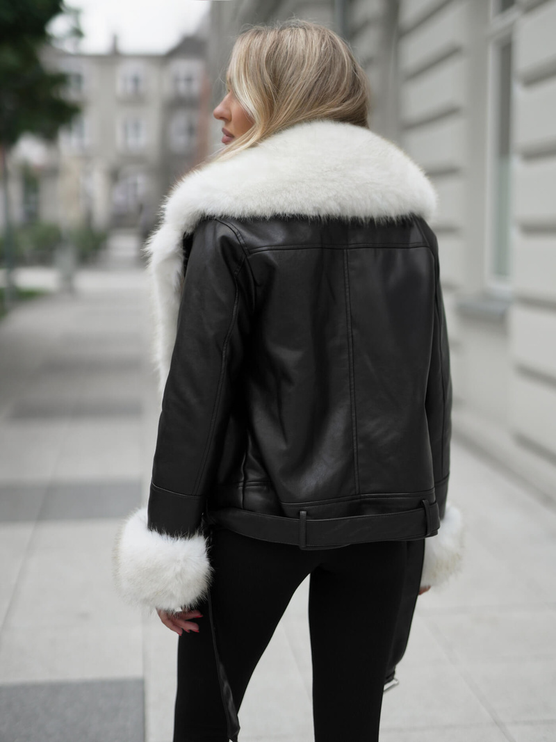 Дамско кожено яке черно-бежова OZONEE JS/61M8507/392BZ