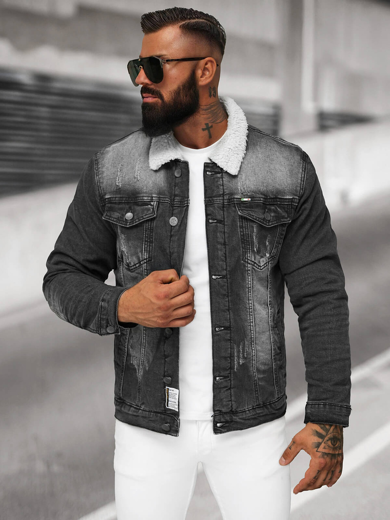 Мъжко джинсово яке шерпа черно OZONEE NB/MJ513N