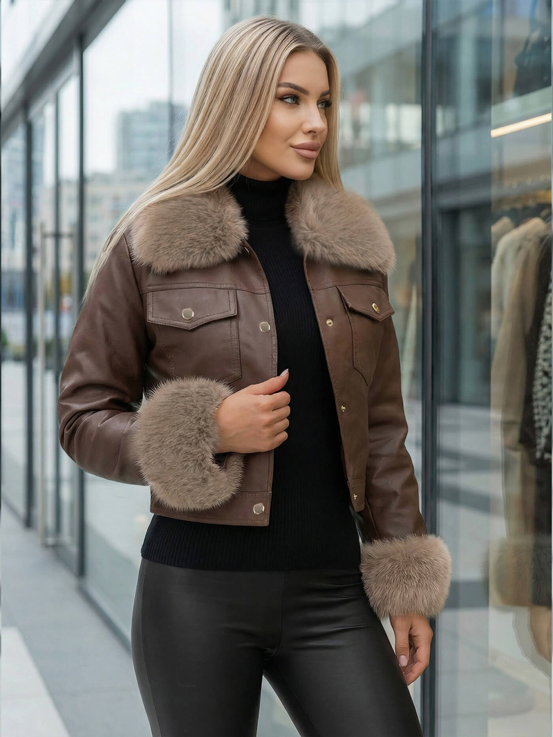 Дамско кожено яке шоколад OZONEE JS/61M8513/158