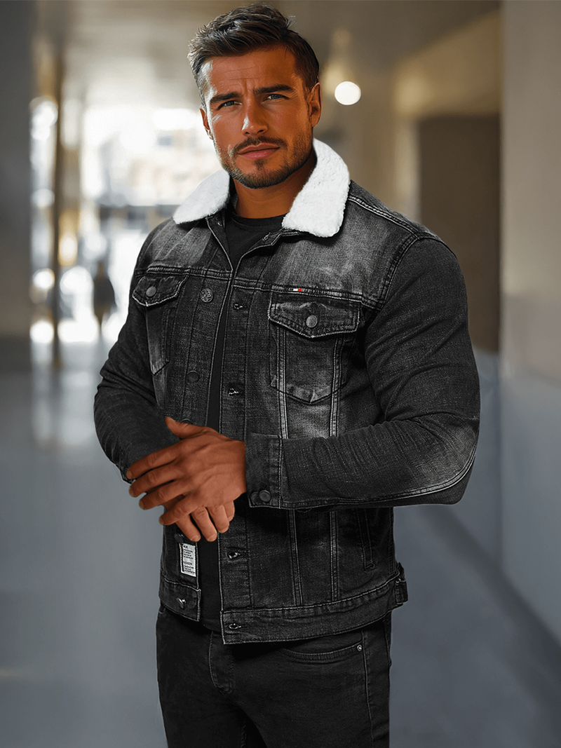 Мъжко джинсово яке шерпа черно OZONEE NB/MJ516NZ