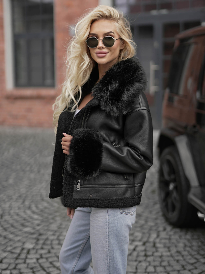 Дамско кожено яке черно OZONEE JS/61M8505/392Z