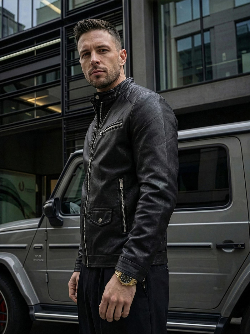 Мъжко кожено яке черно OZONEE JS/11Z8021