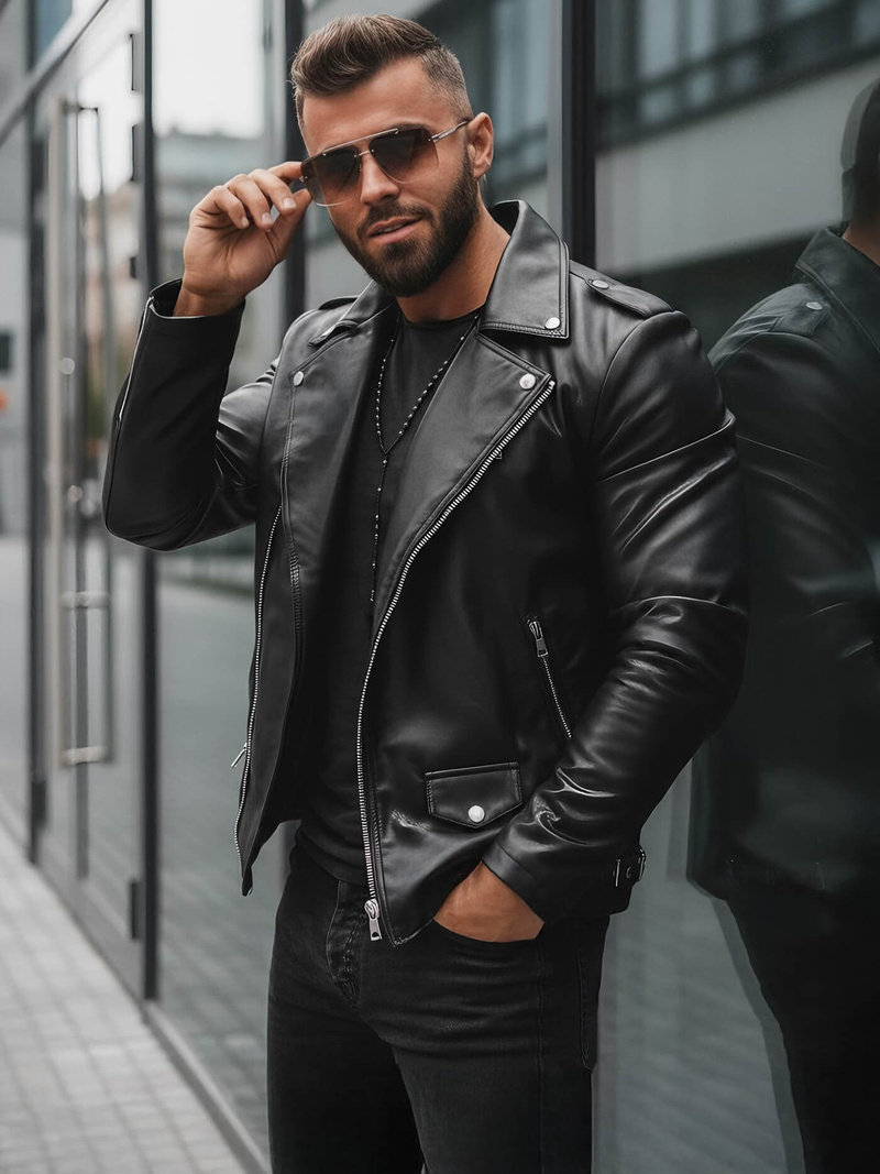 Мъжко кожено яке черно OZONEE JS/11Z8014Z